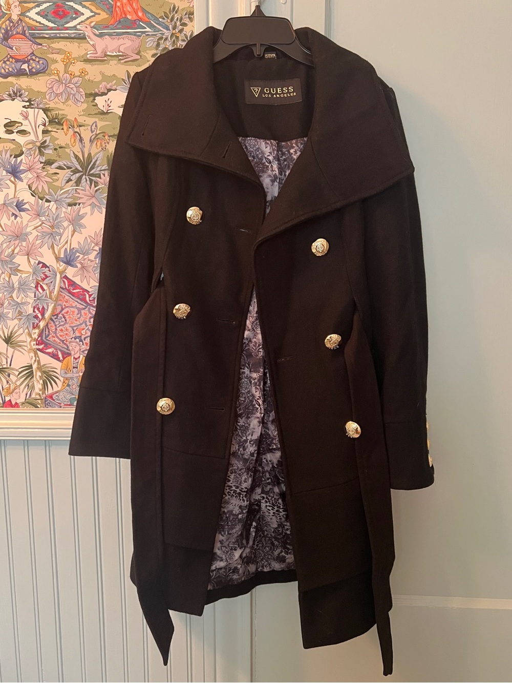 GUESS Women’s Black Double-Breasted Pea Coat with Gold Buttons